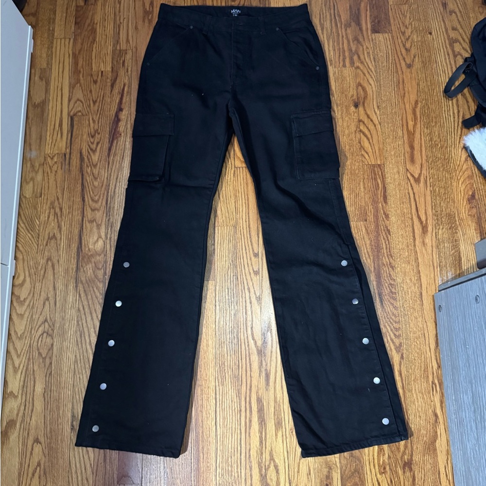 Boohoo Mens Black Snap Button Cargo Pants